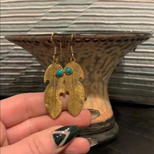 Gold tone & turquoise stone feather pierced drop earrings handcrafted